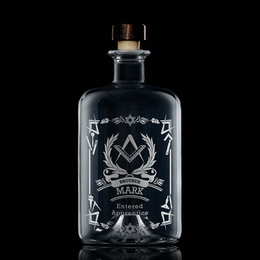 Apothecary style masonic decanter engraved with a 1st Degree Entered Apprentice Square & Compass on black background
