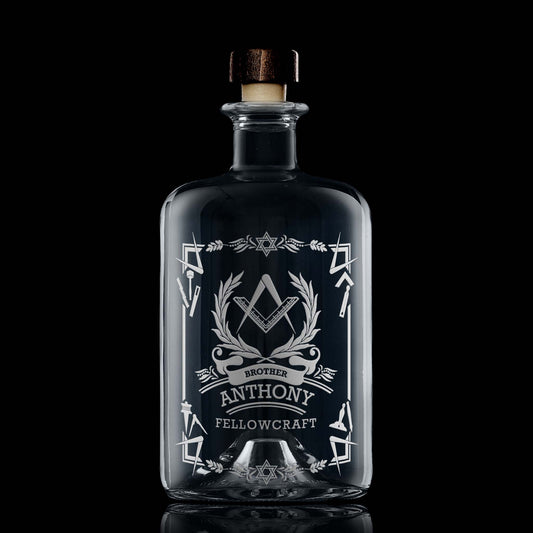 Apothecary style masonic decanter personalised with a 2nd Degree Fellowcraft Square & Compass on black background