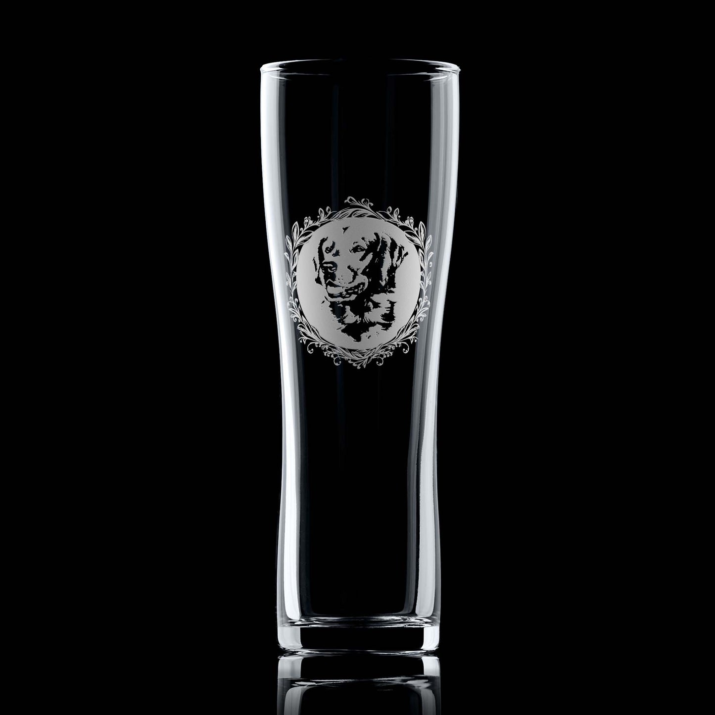 Pint Glass with engraved golden retriever terrier portrait in circular frame with leafy garland