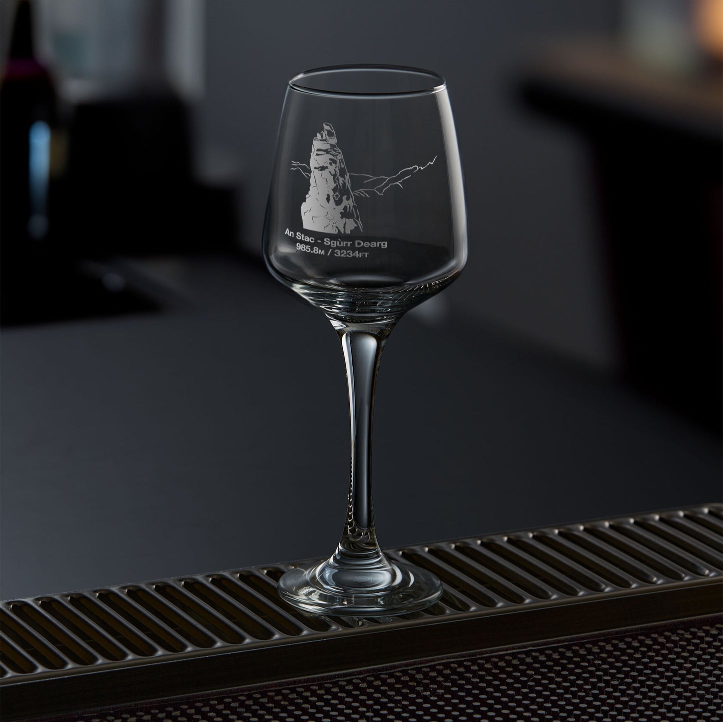 Stemmed wine glass engraved with the Inaccessible Pinnacle on Sgurr Dearg, Isle of Skye