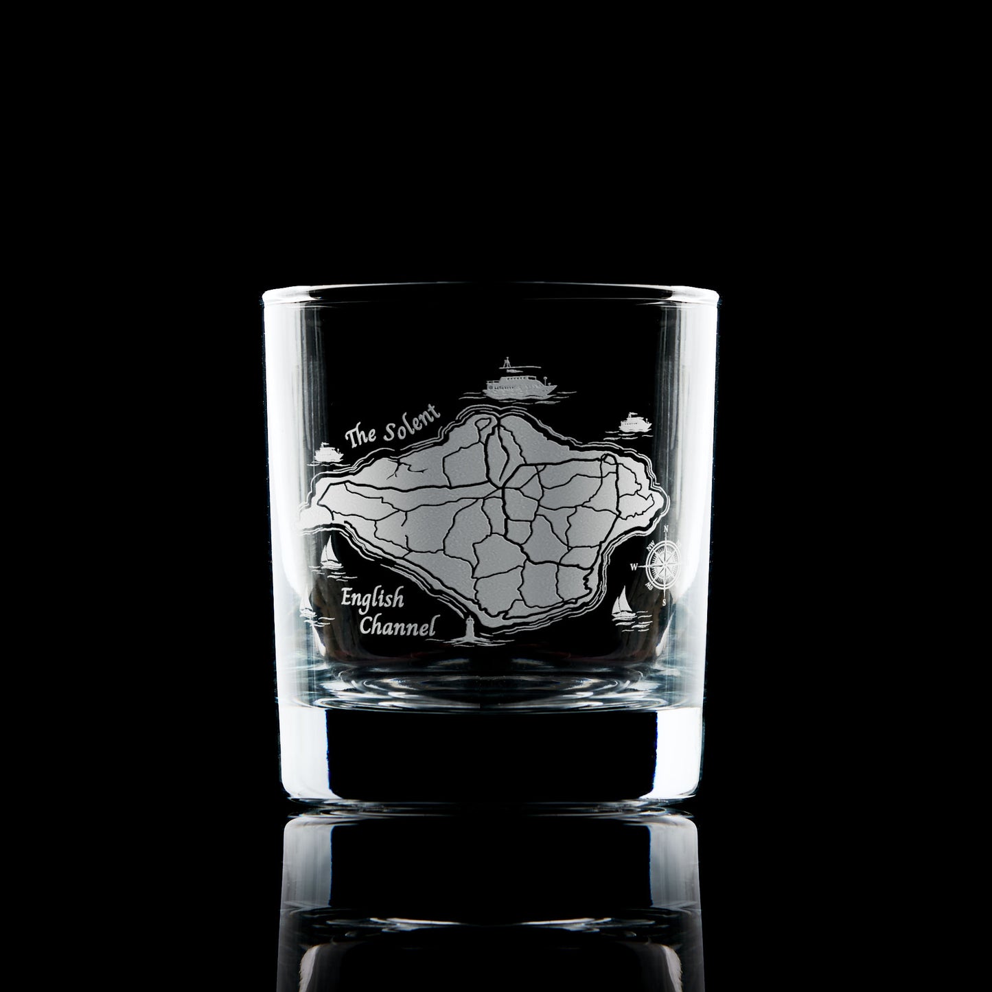 Whisky glass engraved with Isle of Wight coastal map, boats and ferry
