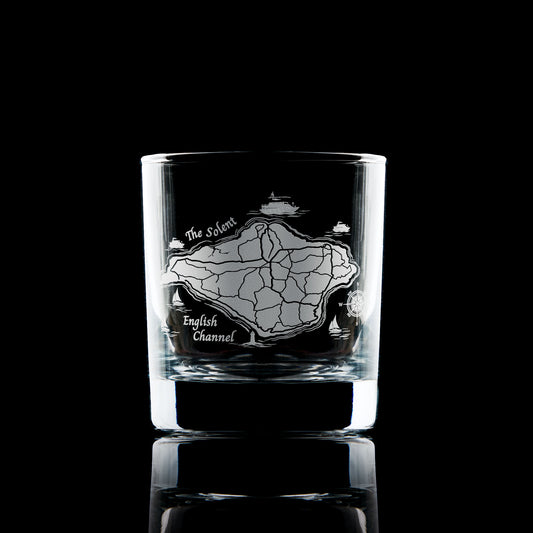 Engraved whisky glass with Isle of Wight map, sailing boats, and ferry