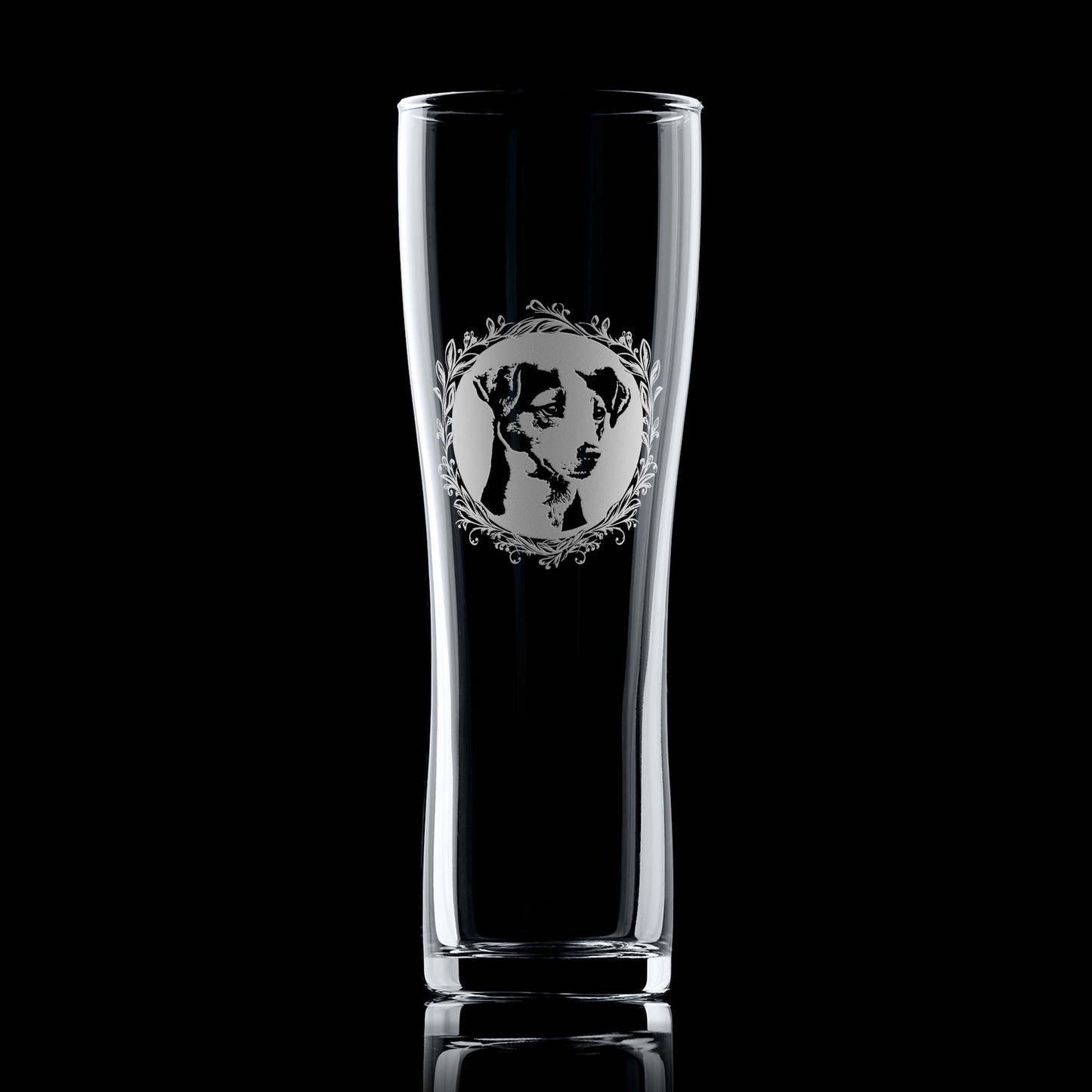 Pint Glass with engraved jack russell terrier portrait in circular frame with leafy garland