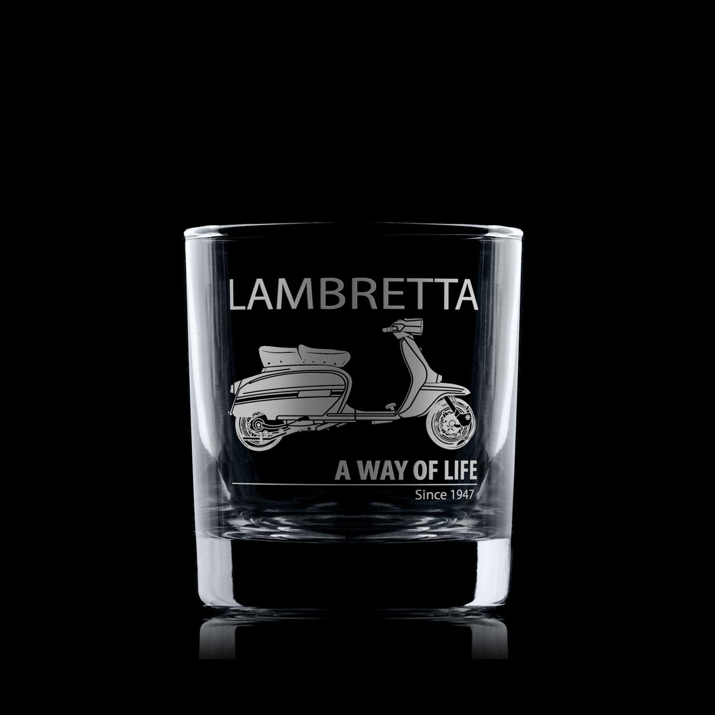 Whisky glass engraved with a series 3 Lambretta GP scooter and the words A Way of Life since 1947