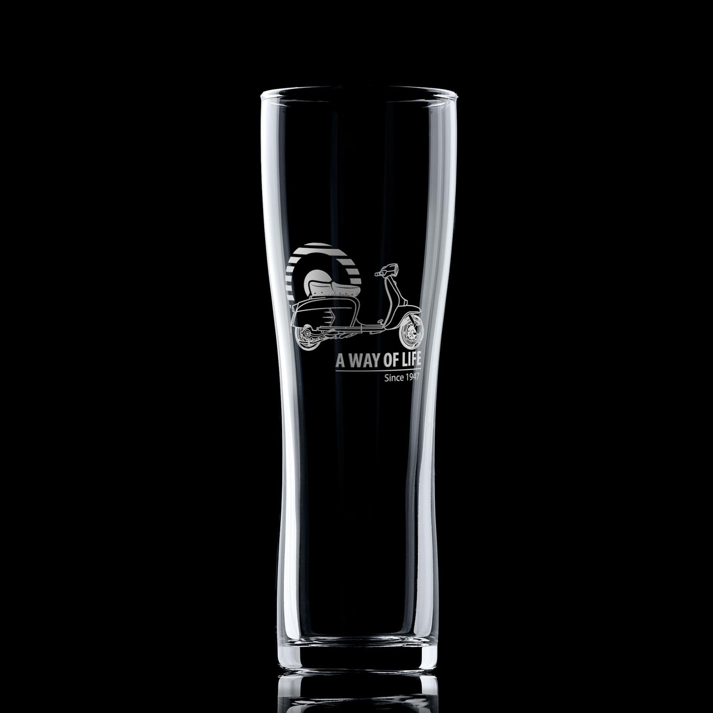 Engraved Lambretta SX200 pint glass with Mod target on black background