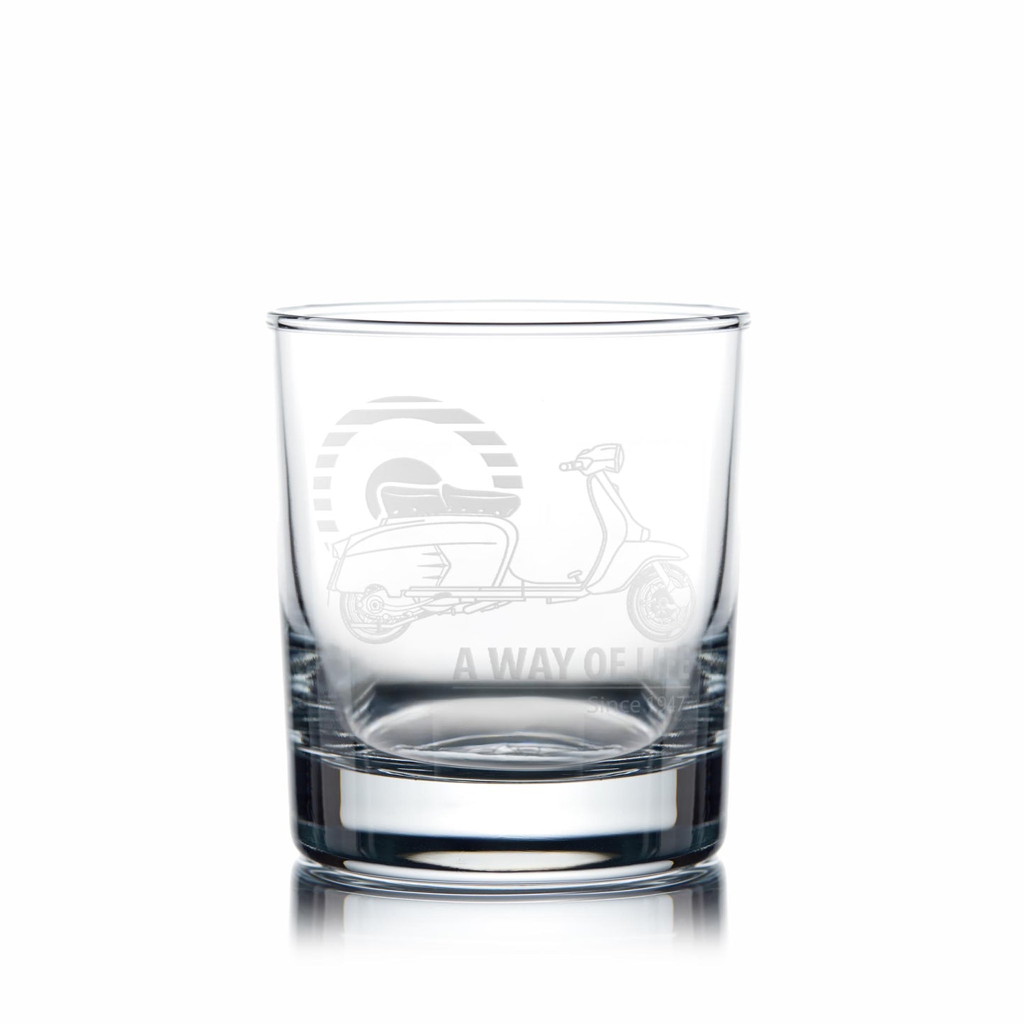 Clear glass with engraved design of a vintage scooter on a white background