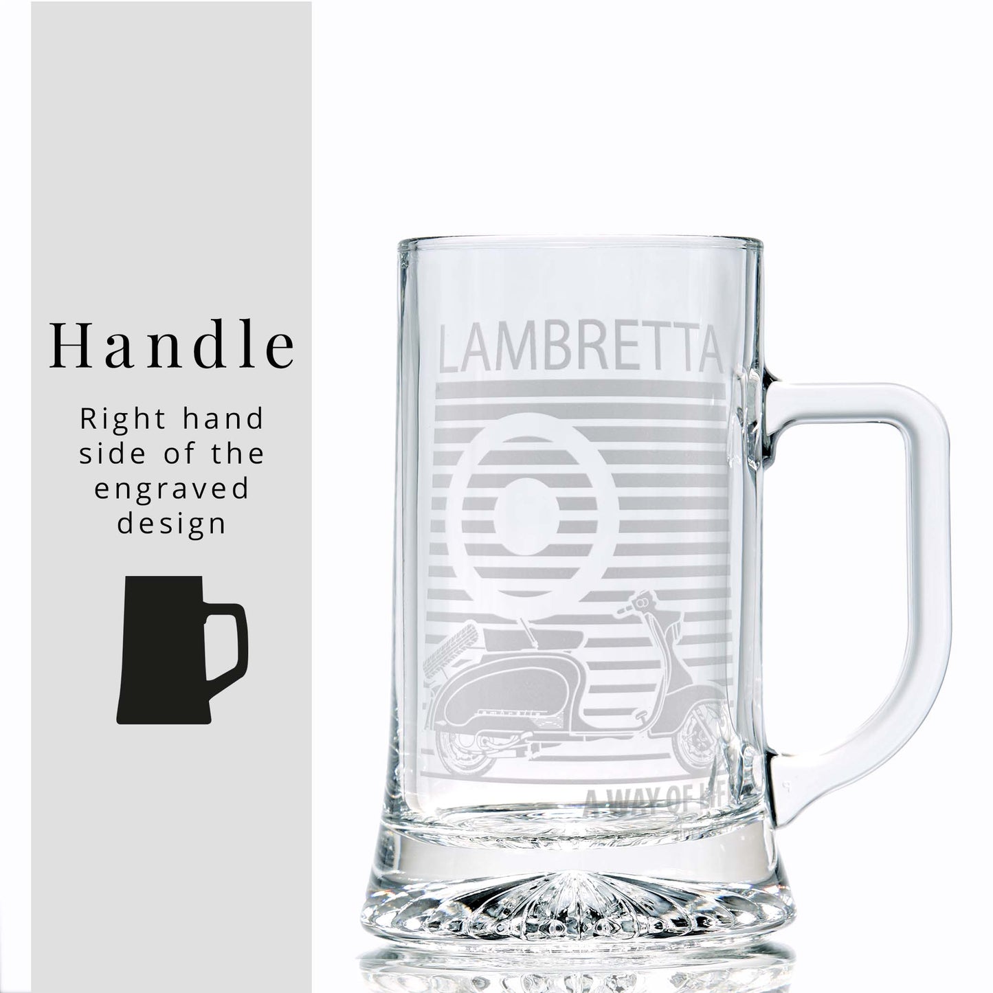 Glass tankard engraved with a classic Lambretta TV175 scooter illustration and pinstriped mod target
