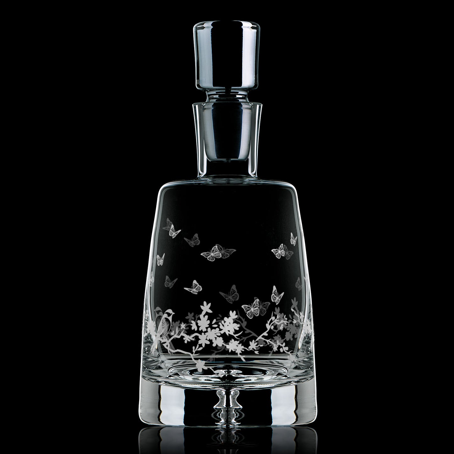 Front view of Le Jardin handmade etched glass decanter with butterfly and floral design