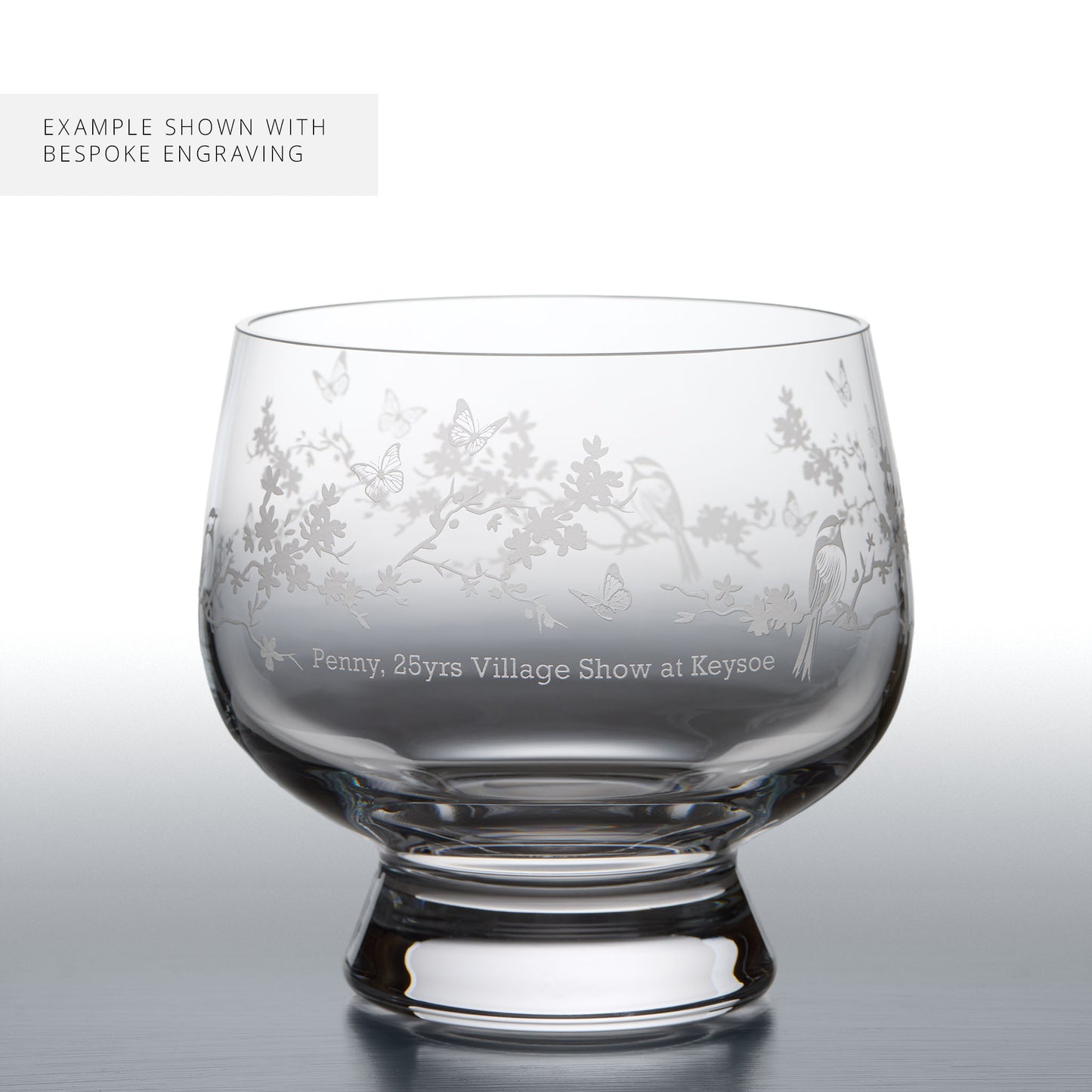Engraved presentation bowl featuring garden birds, flowers, butterflies and a personal inscription