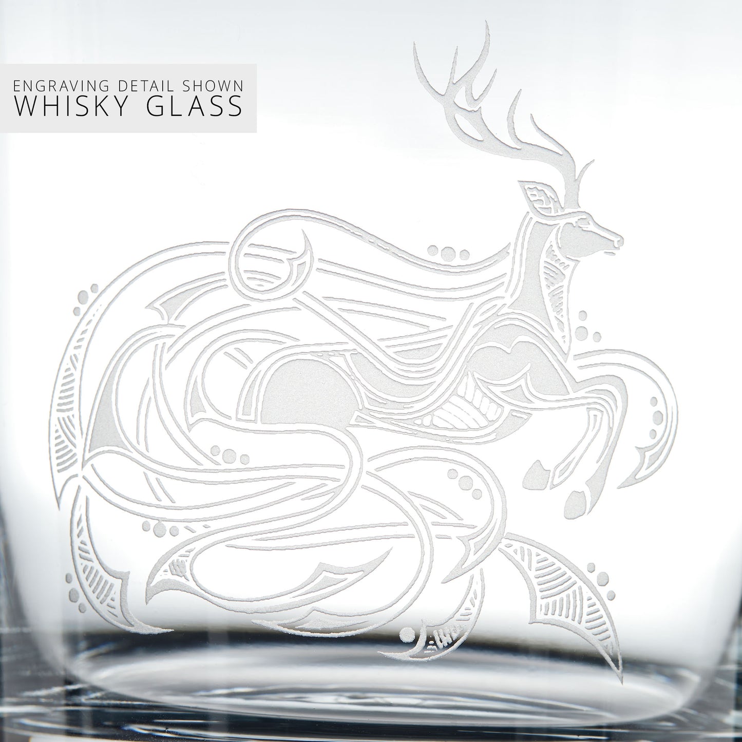 Close-up of sandblast engraving on a celtic stag whisky glass
