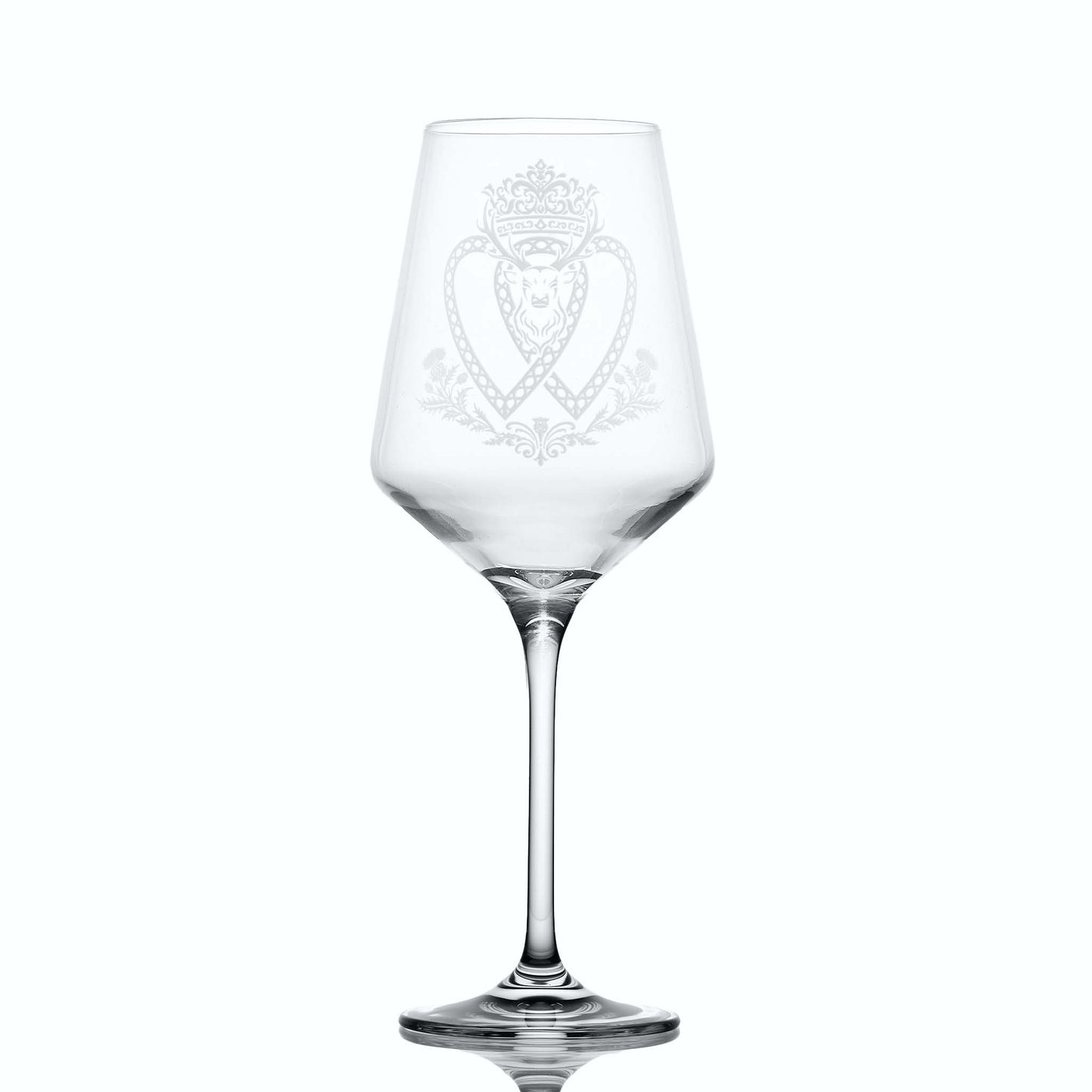 Refined wine glass with engraved Scottish Luckenbooth design, shown on white background to highlight shape and clarity