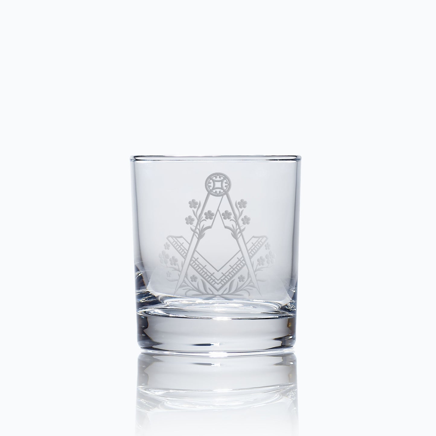 Masonic whisky tumbler featuring Forget-Me-Not and Square & Compass, shown on white background for clarity