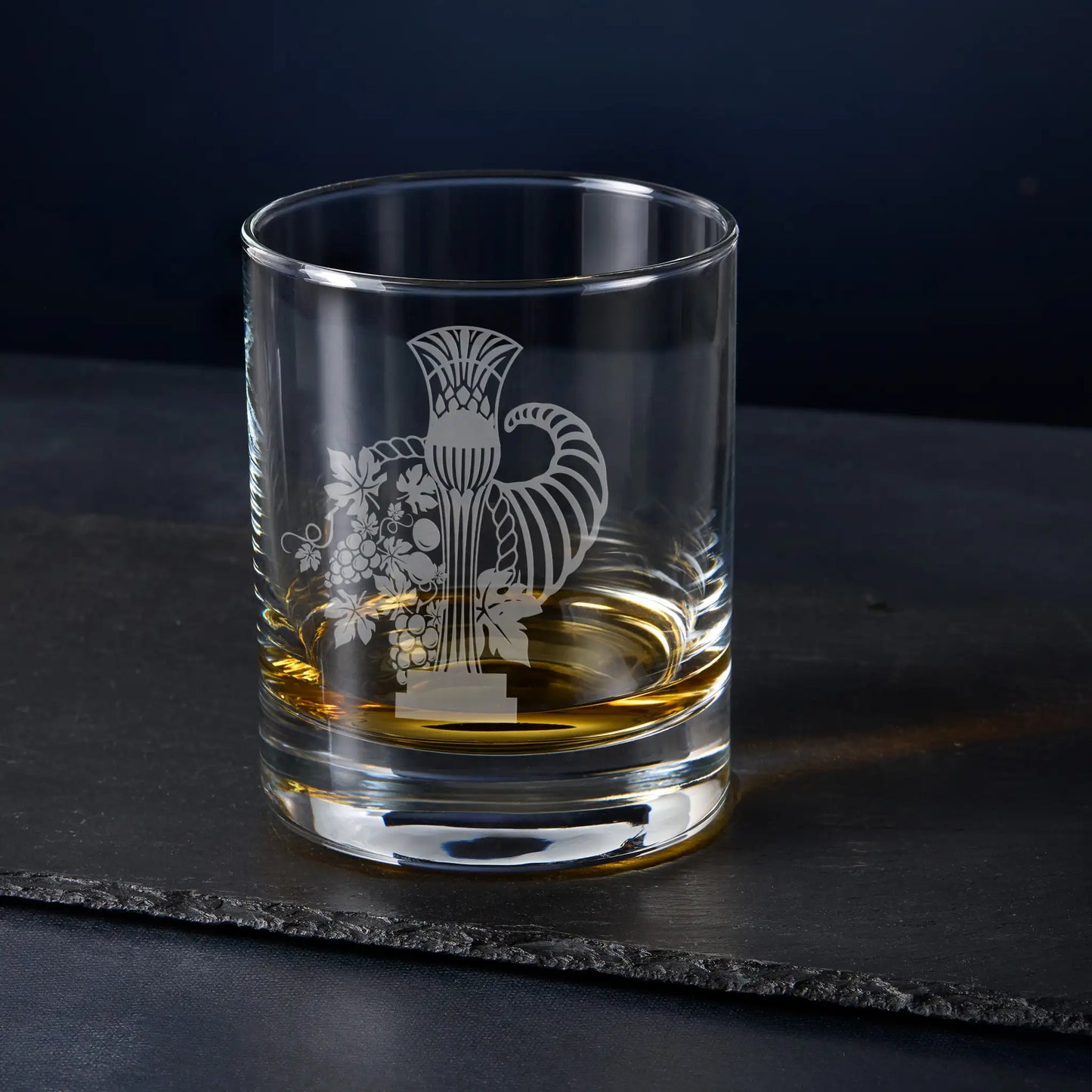 Whisky glass engraved with the President Steward of the Conucopia Cup craft officer collar jewel, Scottish Constitution