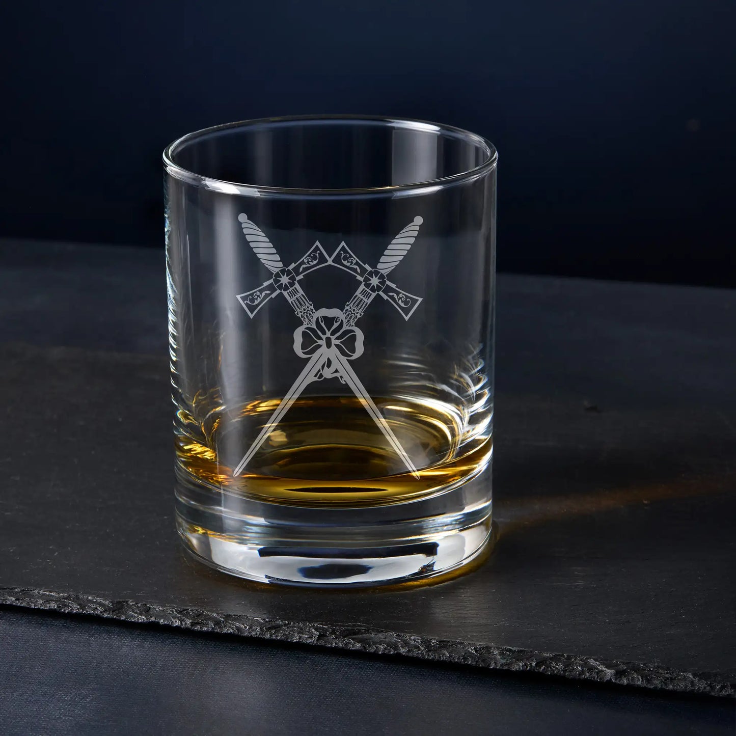 Whisky glass engraved with the Sword Bearer craft officer collar jewel, Scottish Constitution