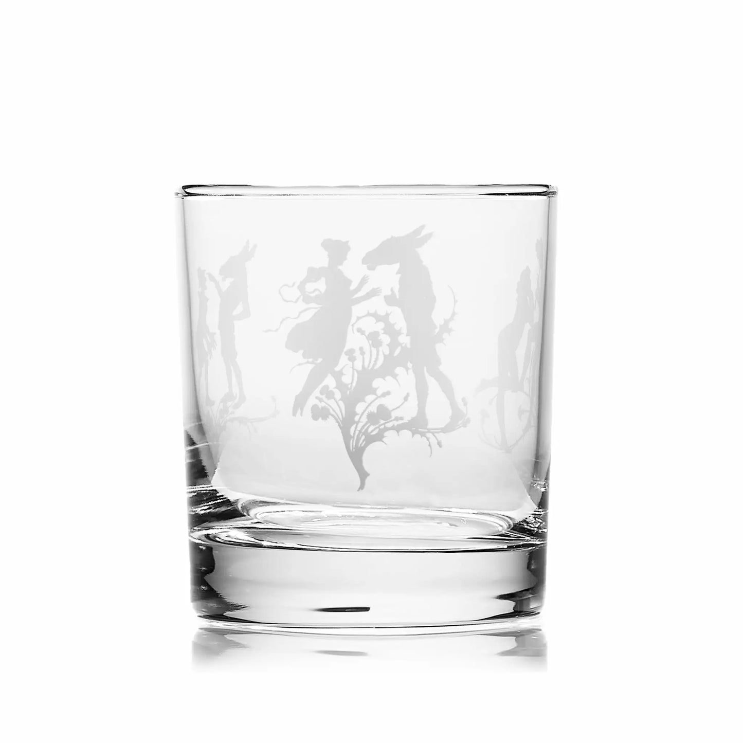 Shakespeare glass tumbler with engraved Midsummer Nights Dream design on a white background