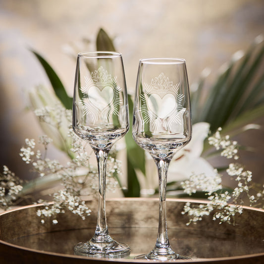 engraved prosecco glass milagro sacred heart
