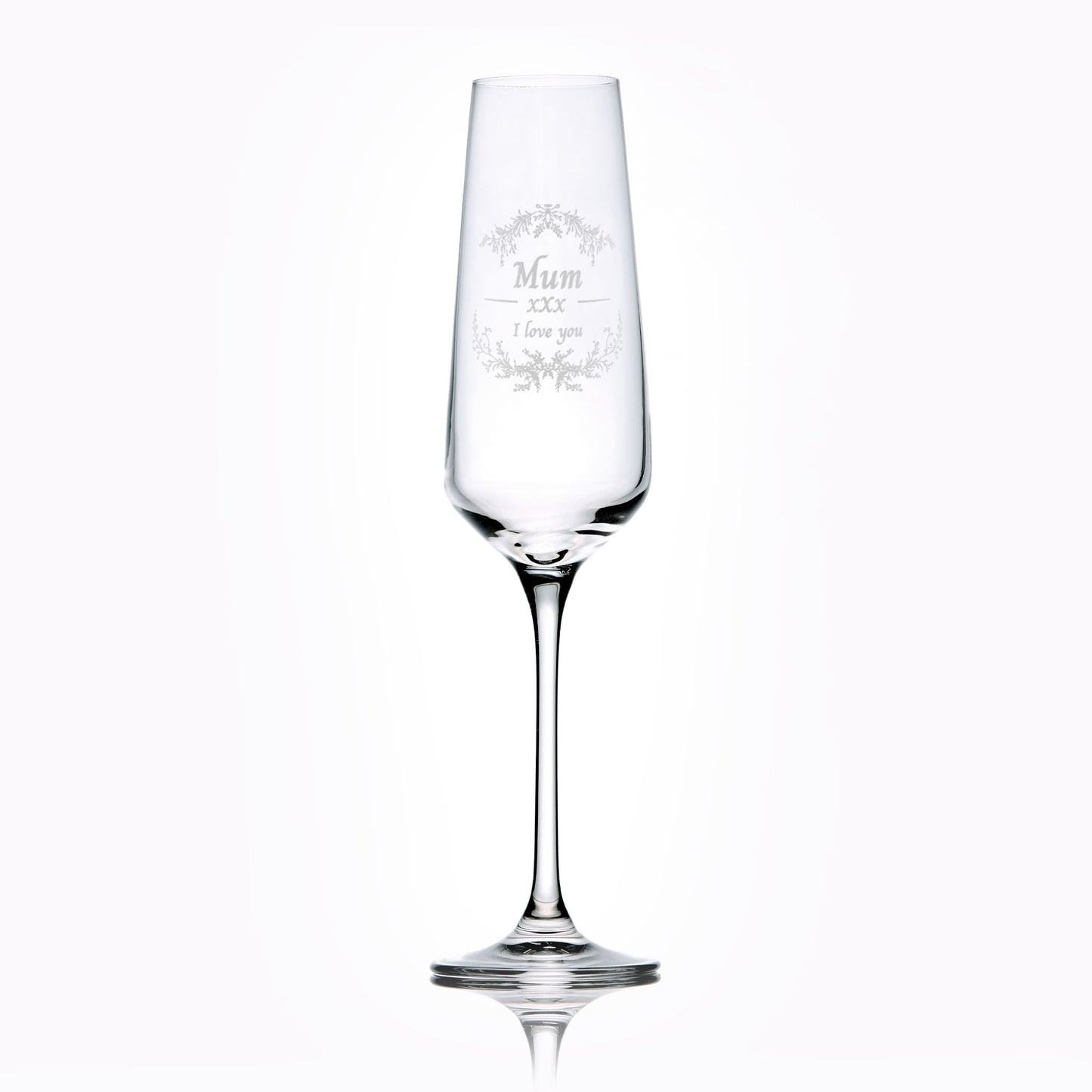 Glass champagne flute engraved with mum, I love you, flowers and three kissses