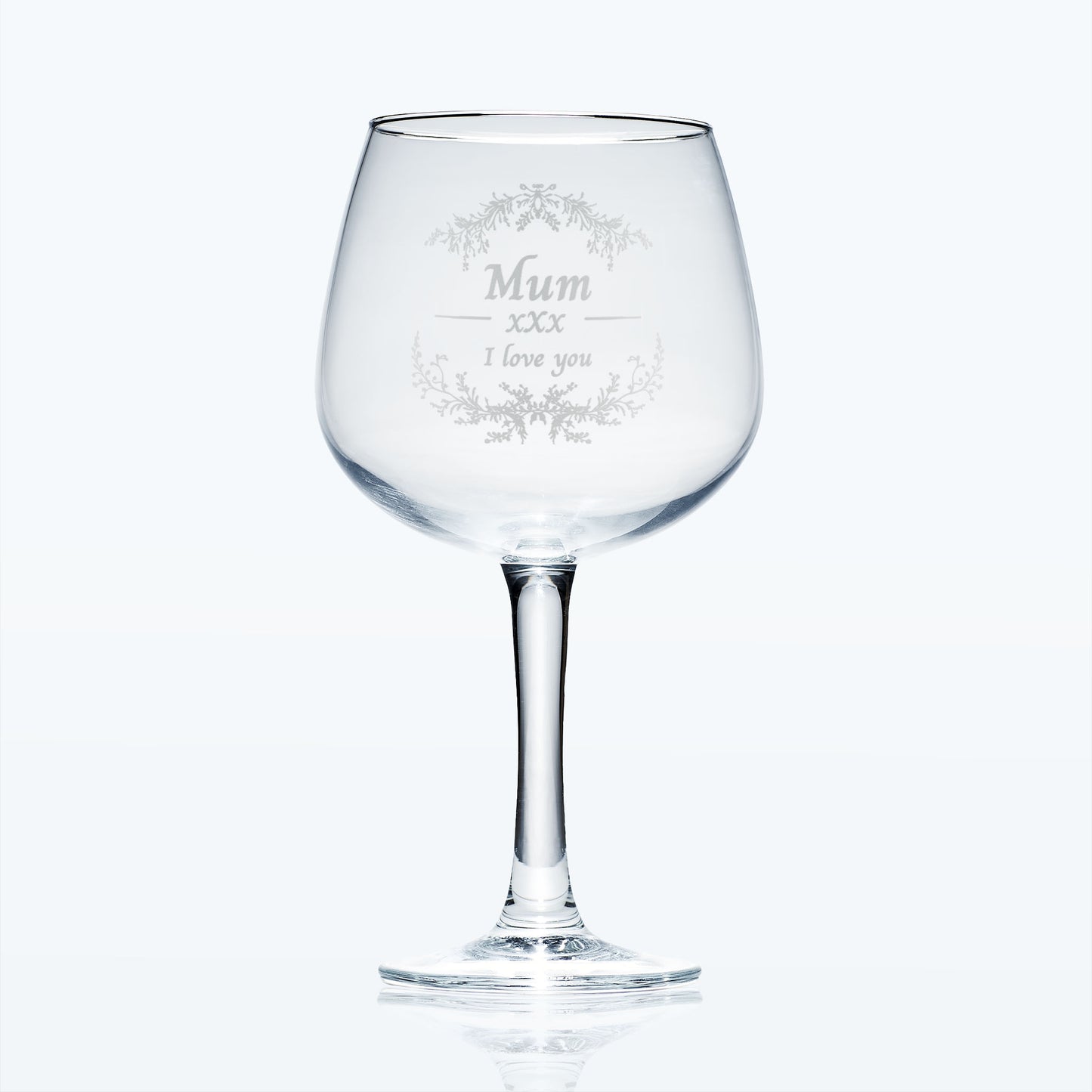 Balloon Gin glass engraved with the words “Mum I Love You” surrounded by delicate blossom branches.