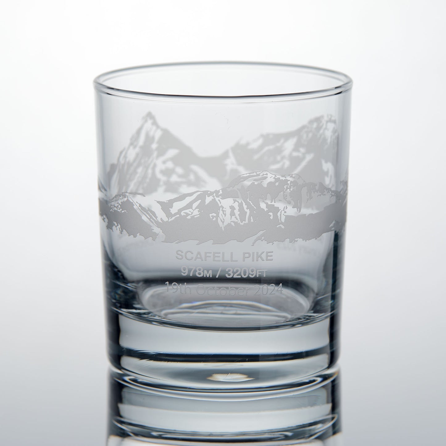 National Three Peaks Challenge whisky glass with engraved illustration of Scafell Pike