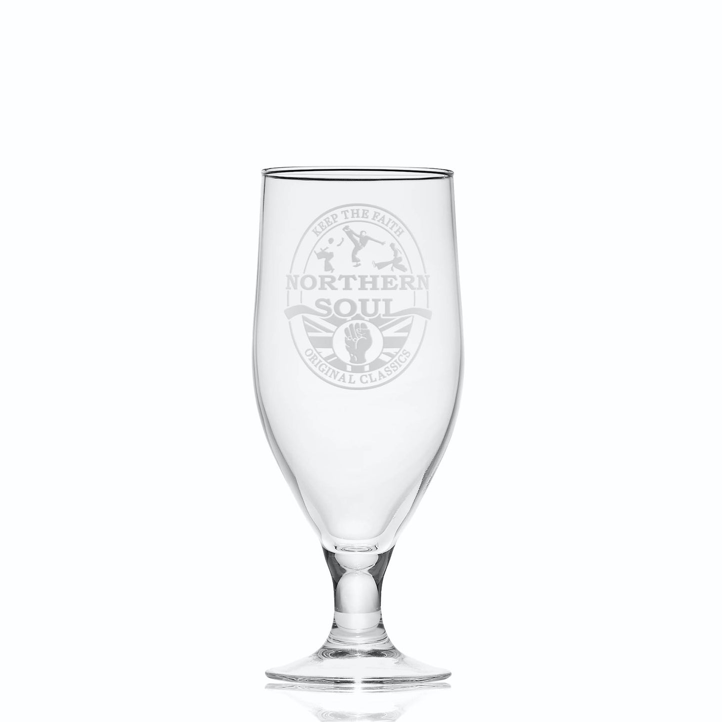 Stemmed beer glass engraved with a Northern Soul keep the faith design