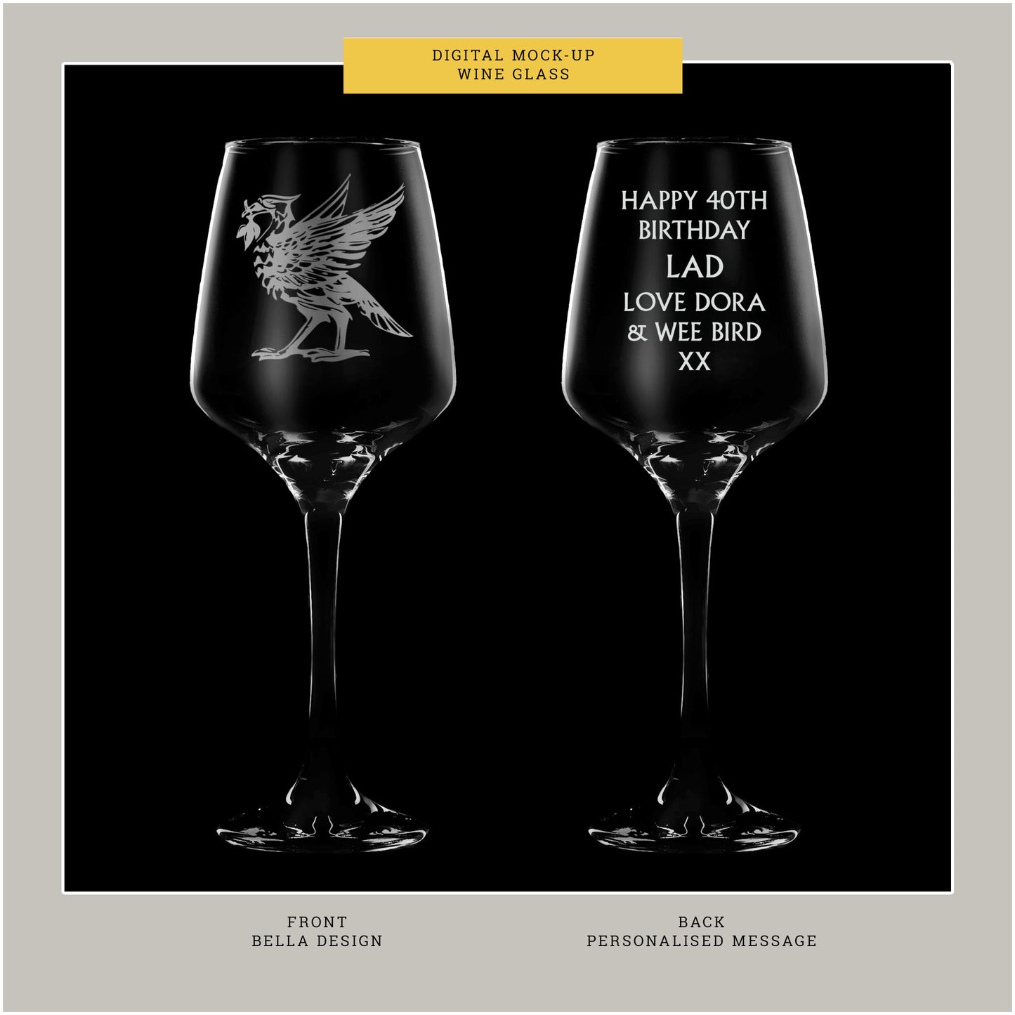 A digital mock-up of a wine glass with two views, front and back, featuring personalized engraving of a Liverbird and text celebrating a 40th birthday.