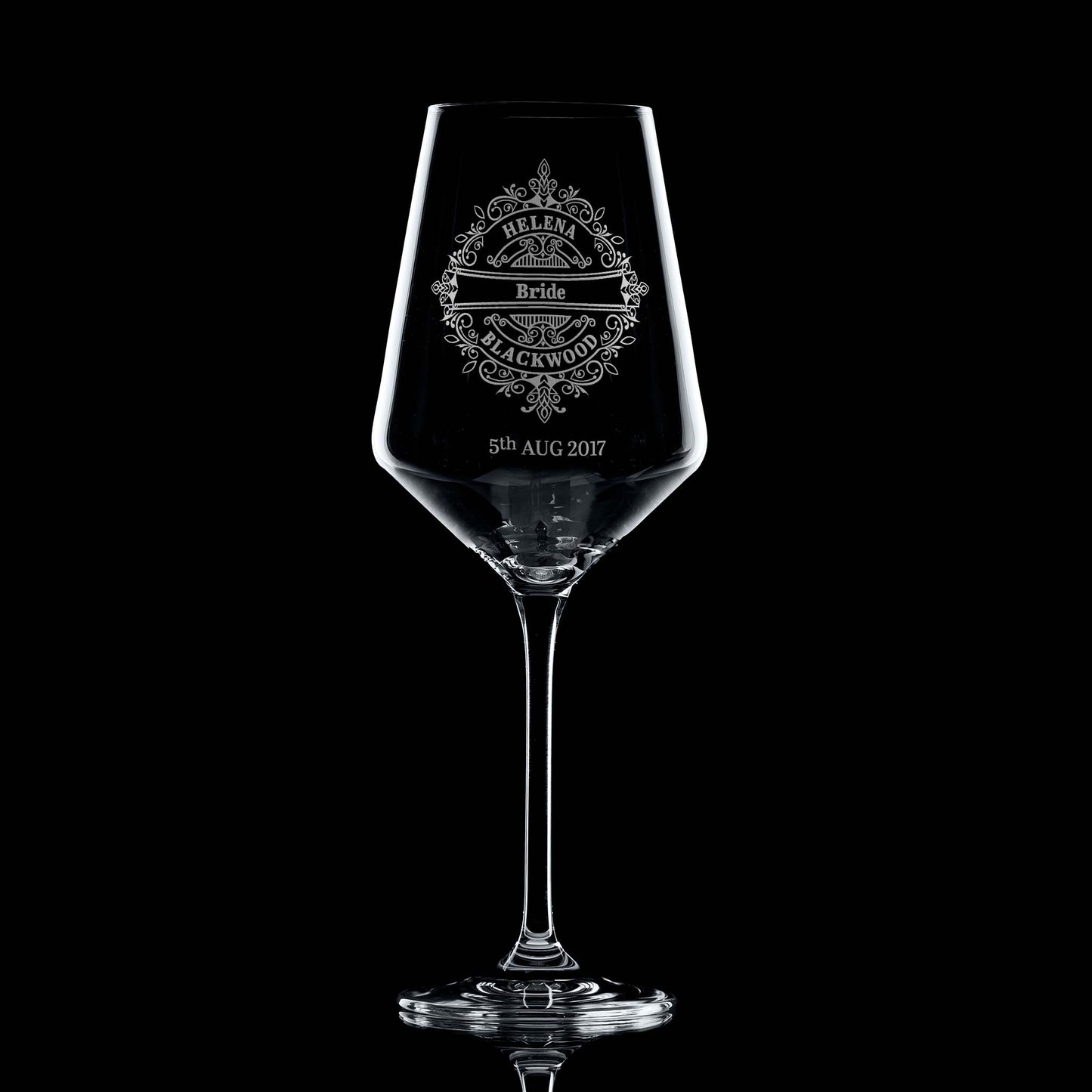Engraved wedding wine glass personalised with the brides name, a special message and lacework design