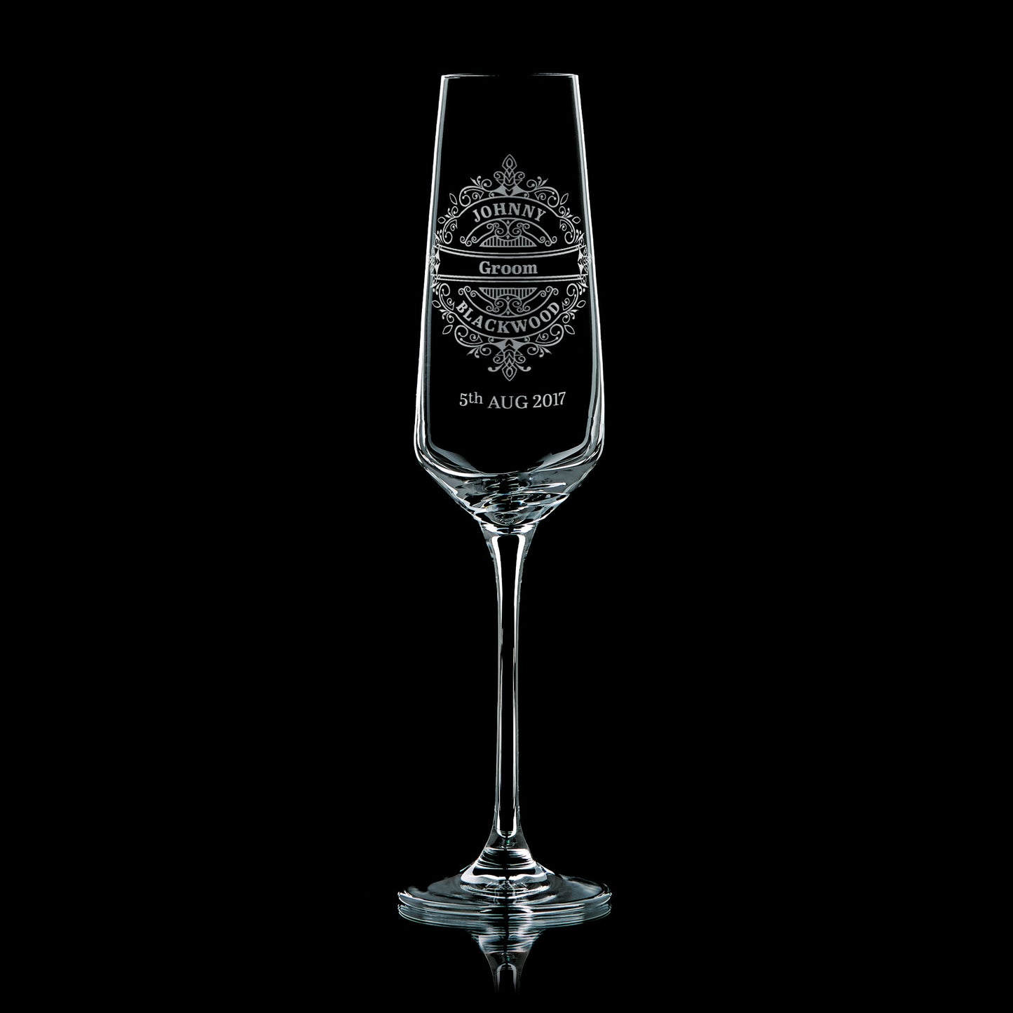 Personalised champagne flute engraved with Grooms name and wedding date