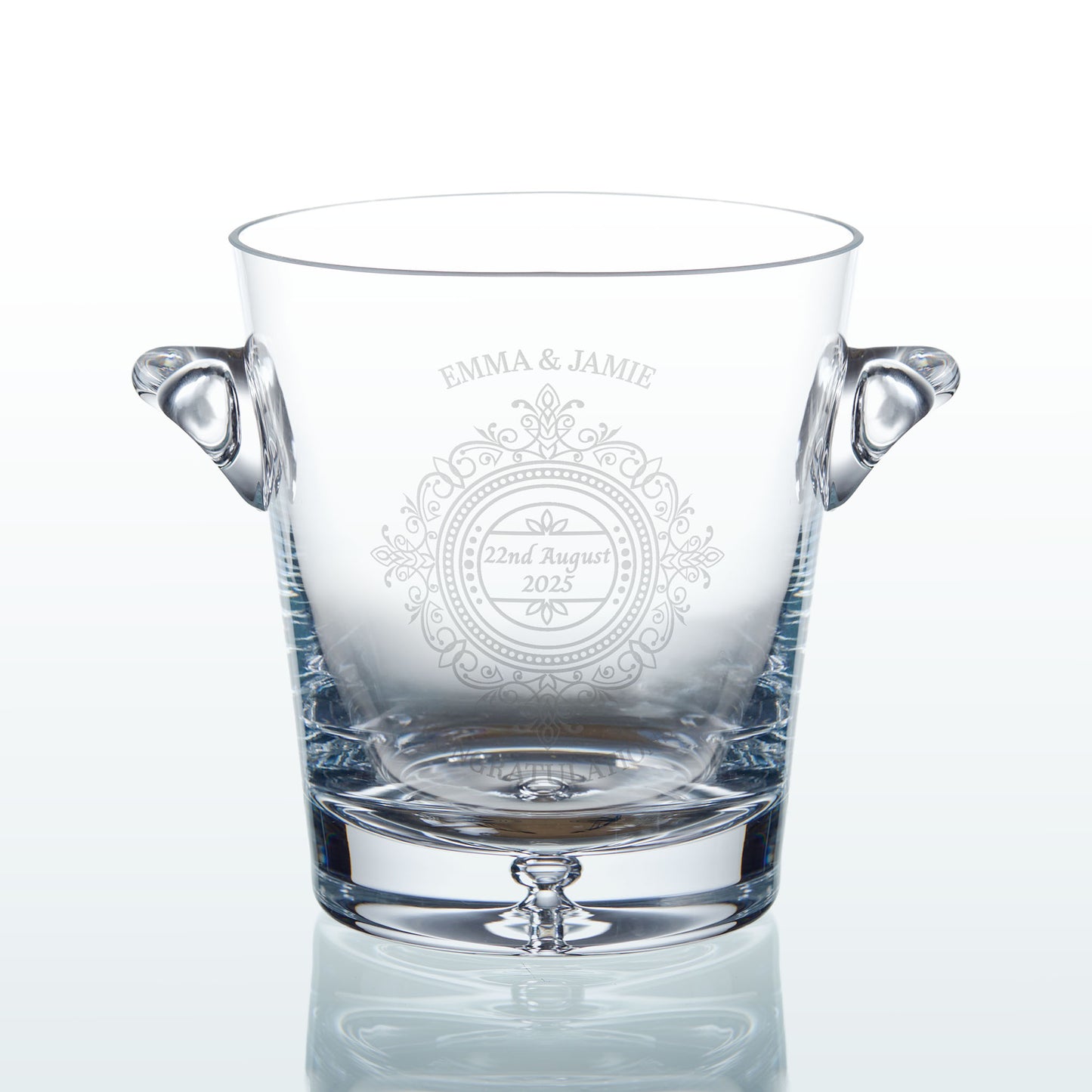 Custom engraved champagne ice bucket /wine cooler with lacework-inspired wedding design and personalised names and dates