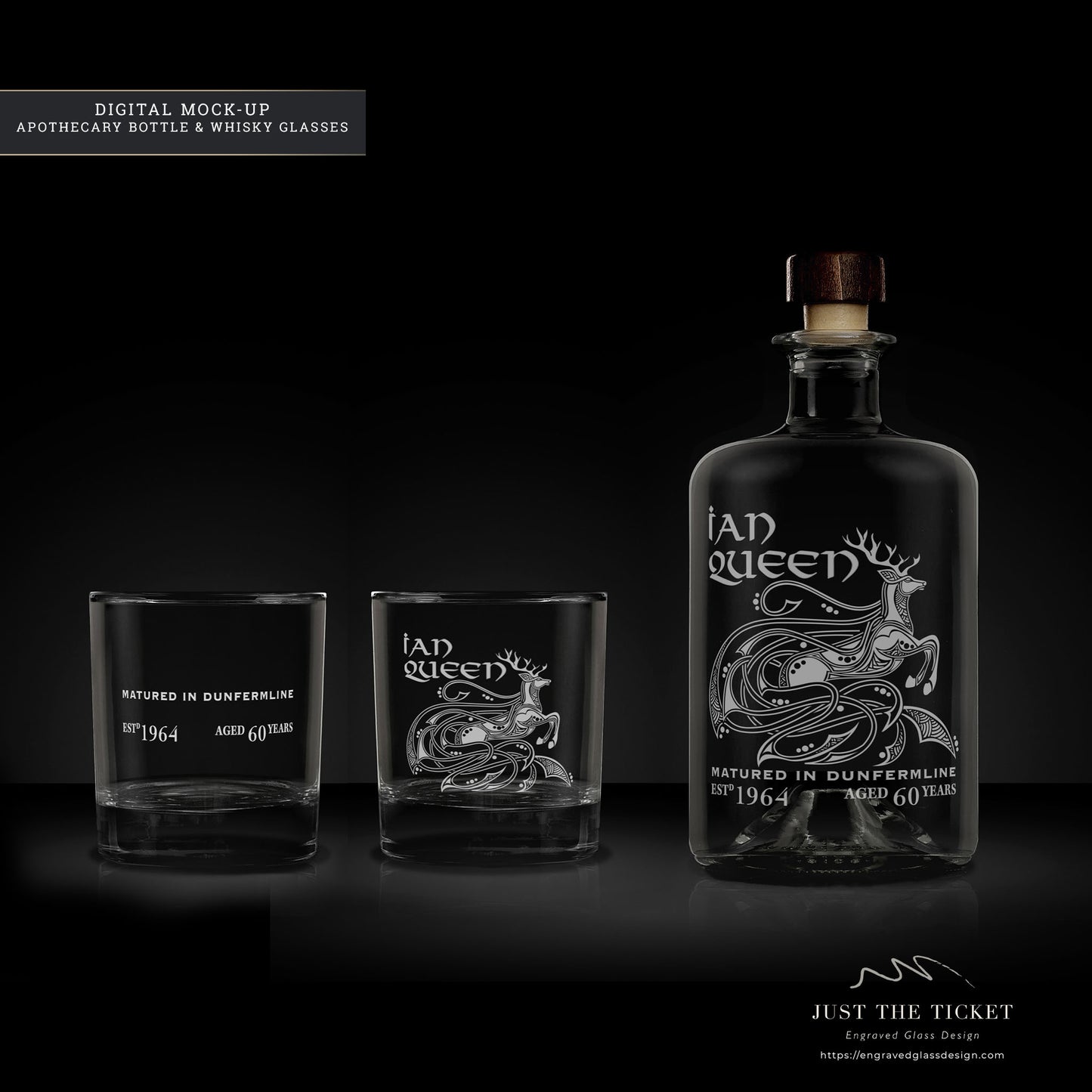 engraved highland stag whisky decanter and personalised whisky glasses