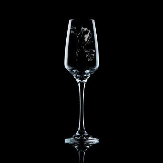 Engraved prosecco glass with a single rose and the words “I Love You” and “Will You Marry Me?”