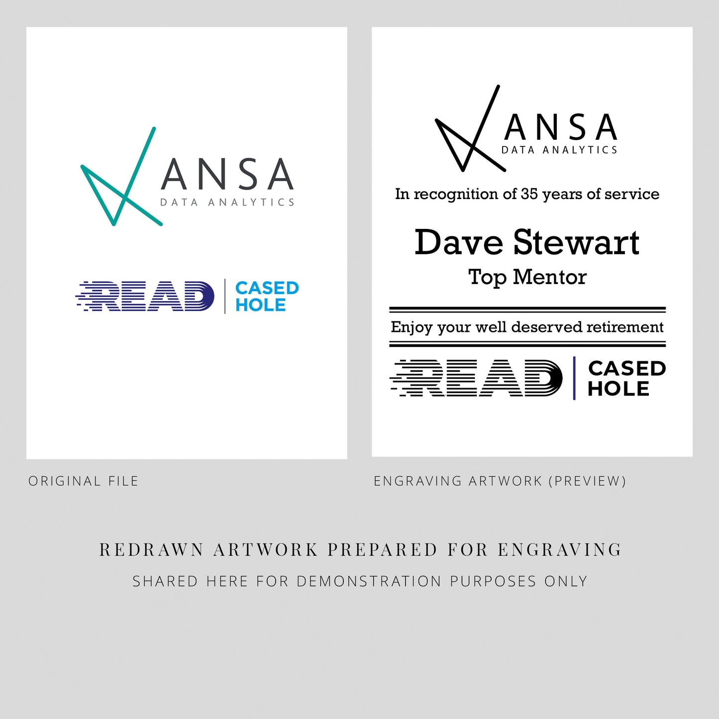 Two compay logos side by side, original and redrawn for glass engraving