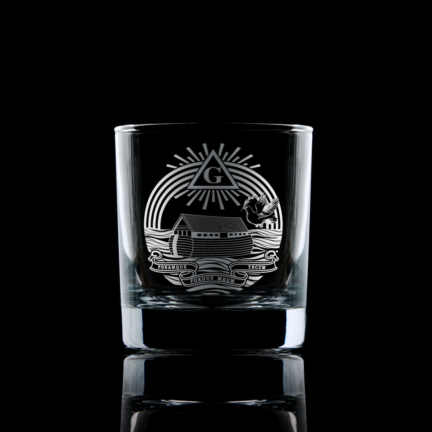 Engraved Royal Ark Mariner whisky glass – shown on black background