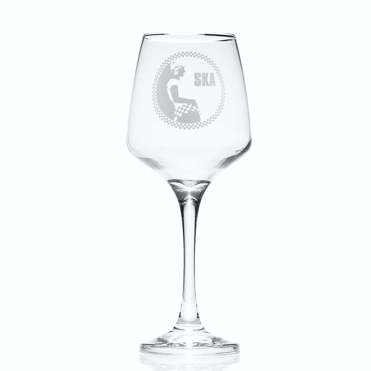 SKA wine glass engraved with an original rude girl surroundedby checkerboard detailing