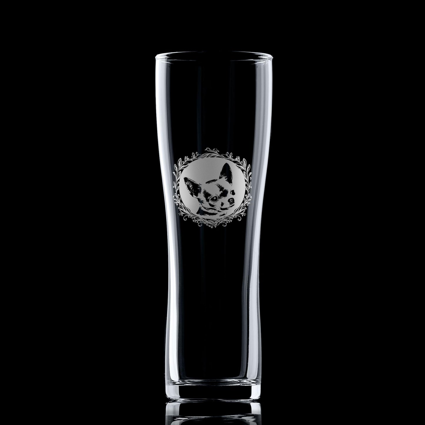 Pint Glass with engraved short haired chihushus portrait in circular frame with leafy garland