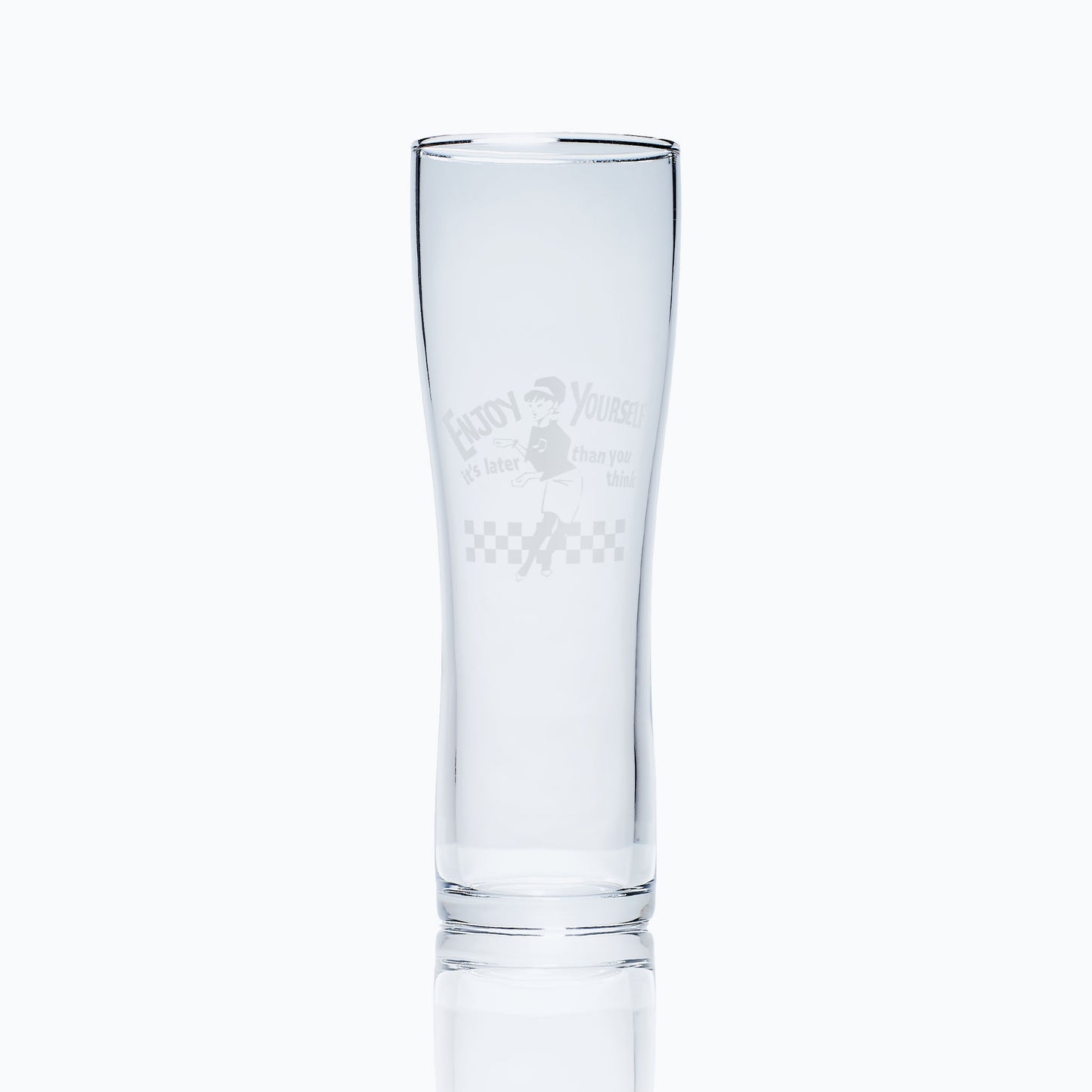 ska girl, beat girl engraved pint glass photographed on a white background