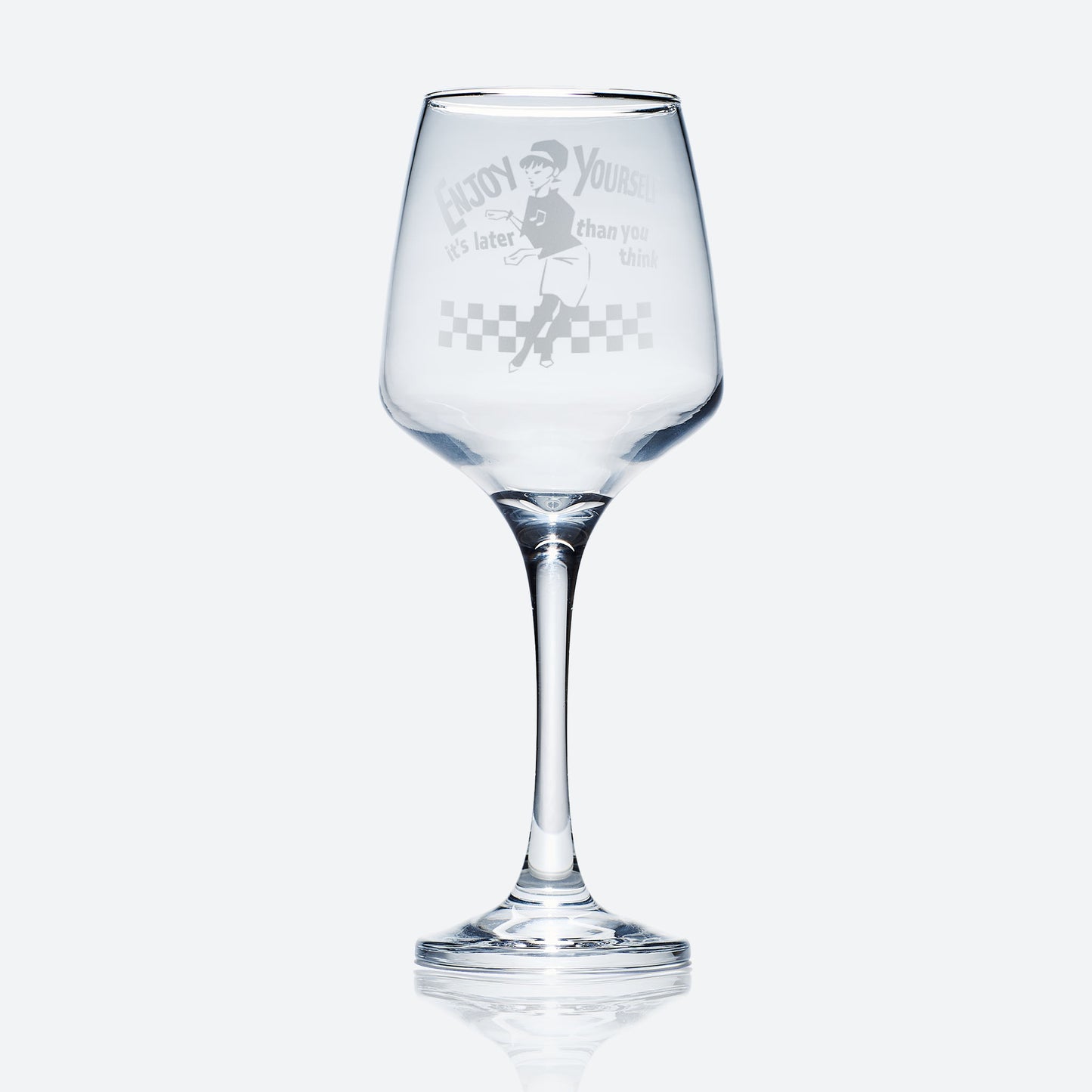Stemmed wine glass engraved with ska design and beat girl dancing with perosonalised text