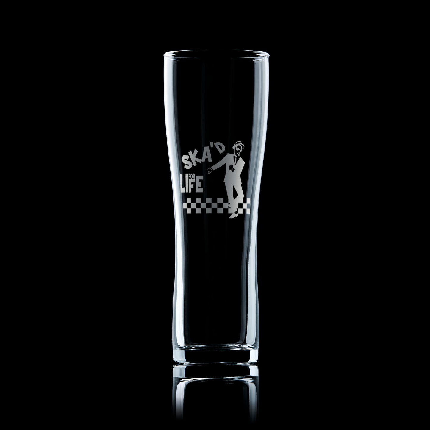 Walt jabsco ska man engraved pint glass on a black background