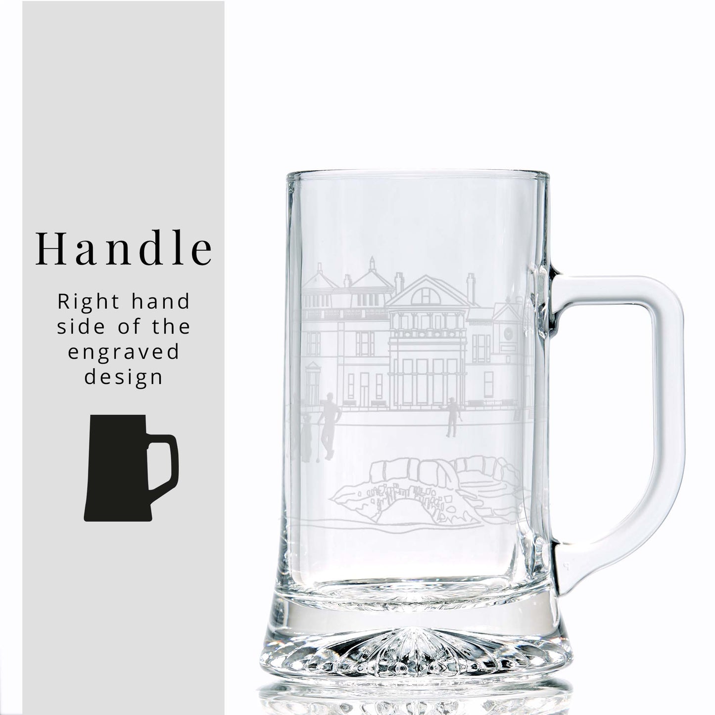 Glass golfing tankard with engraved golf clubhouse design on a white background