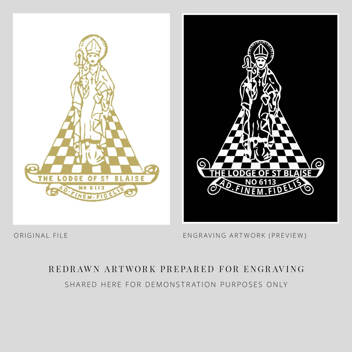 Original artwork and engraving preview for 'The Lodge of St Blaise' on a gray background.