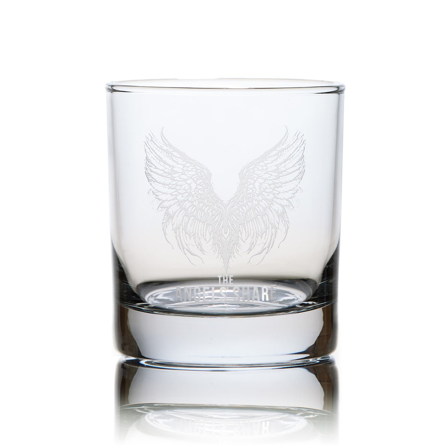 Front view of a whisky glass engraved with a pair of angels wings and personal message