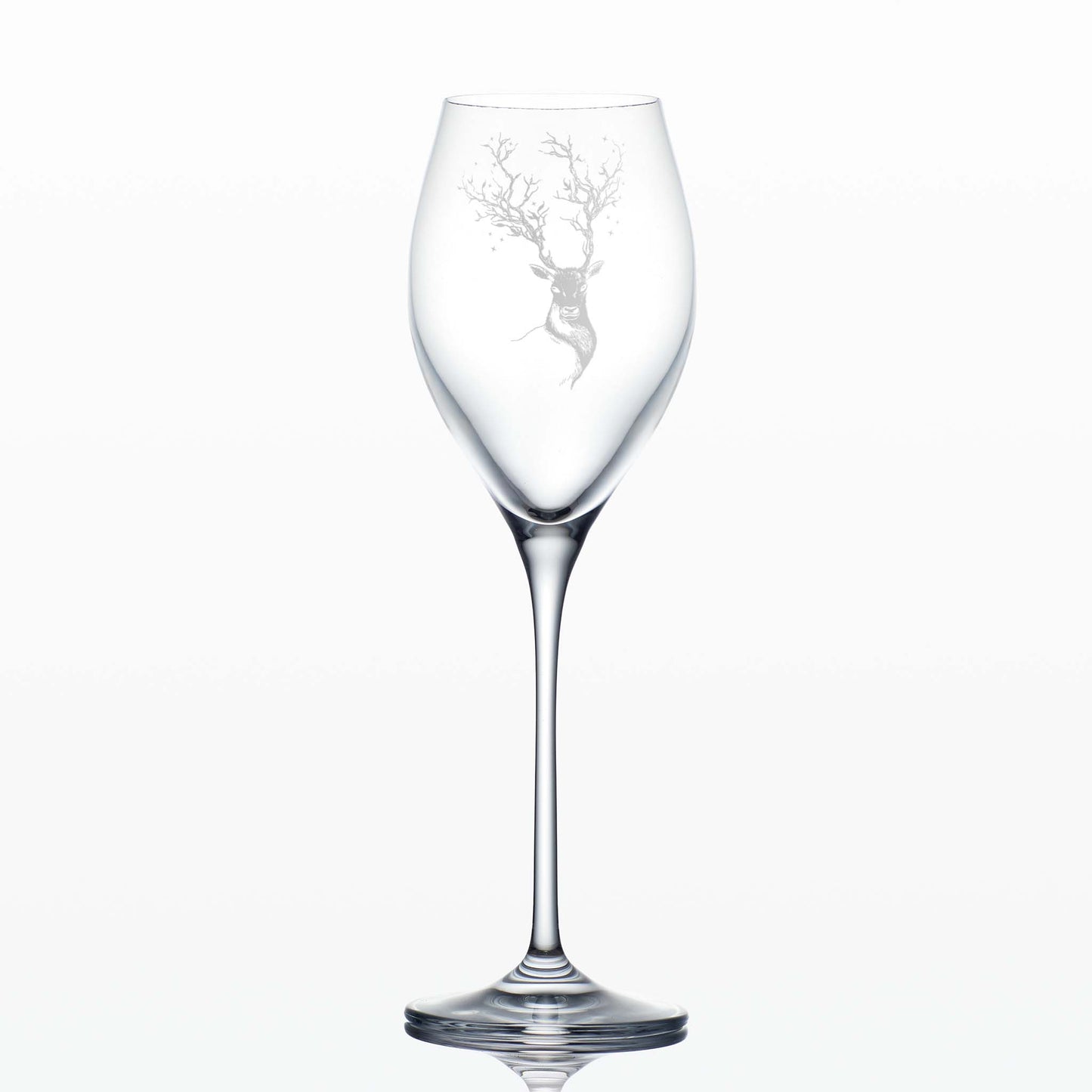 Prosecco wine glass with engraved deer and antlers design on a white background