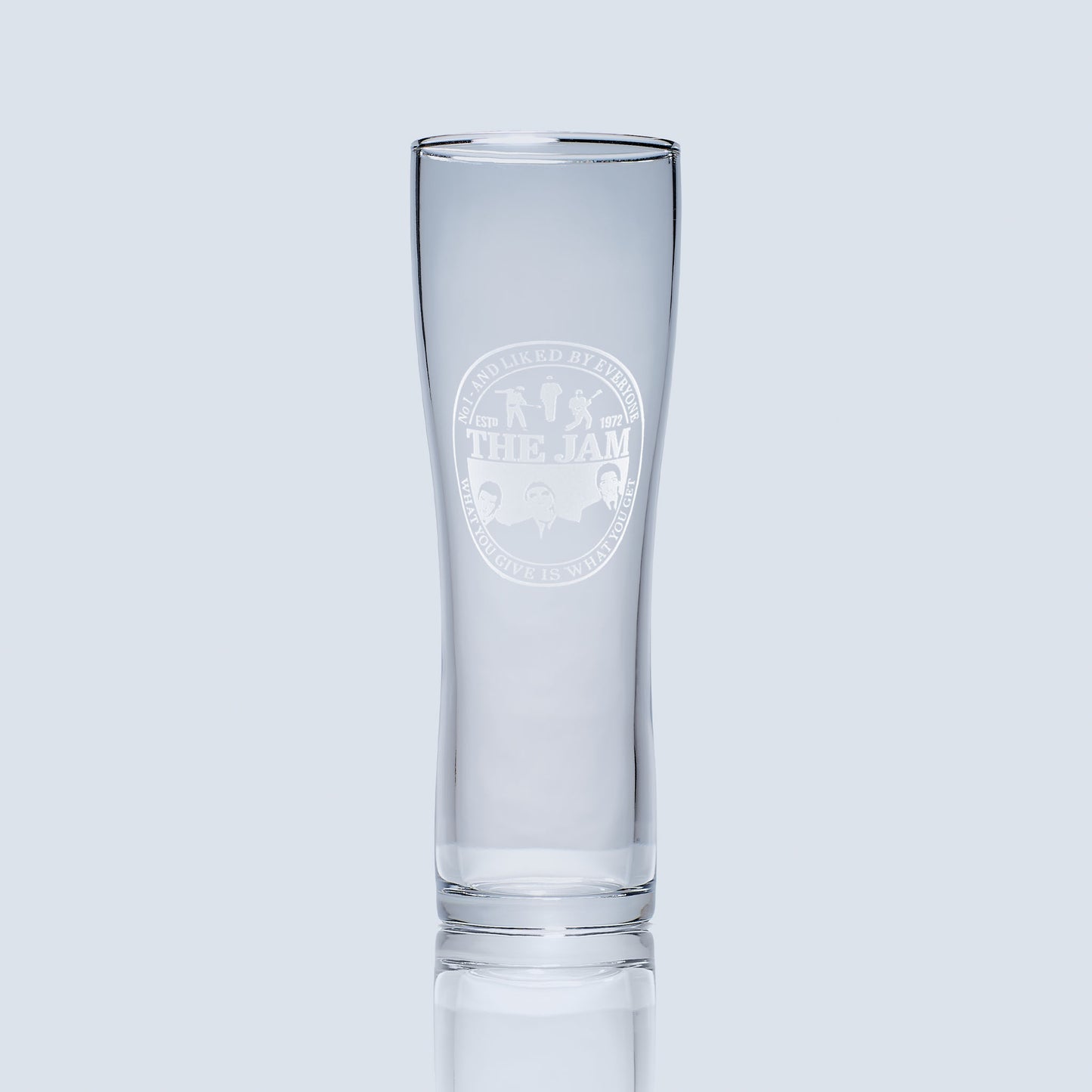 Pilsner pint glass engraved with Mod band The Jam
