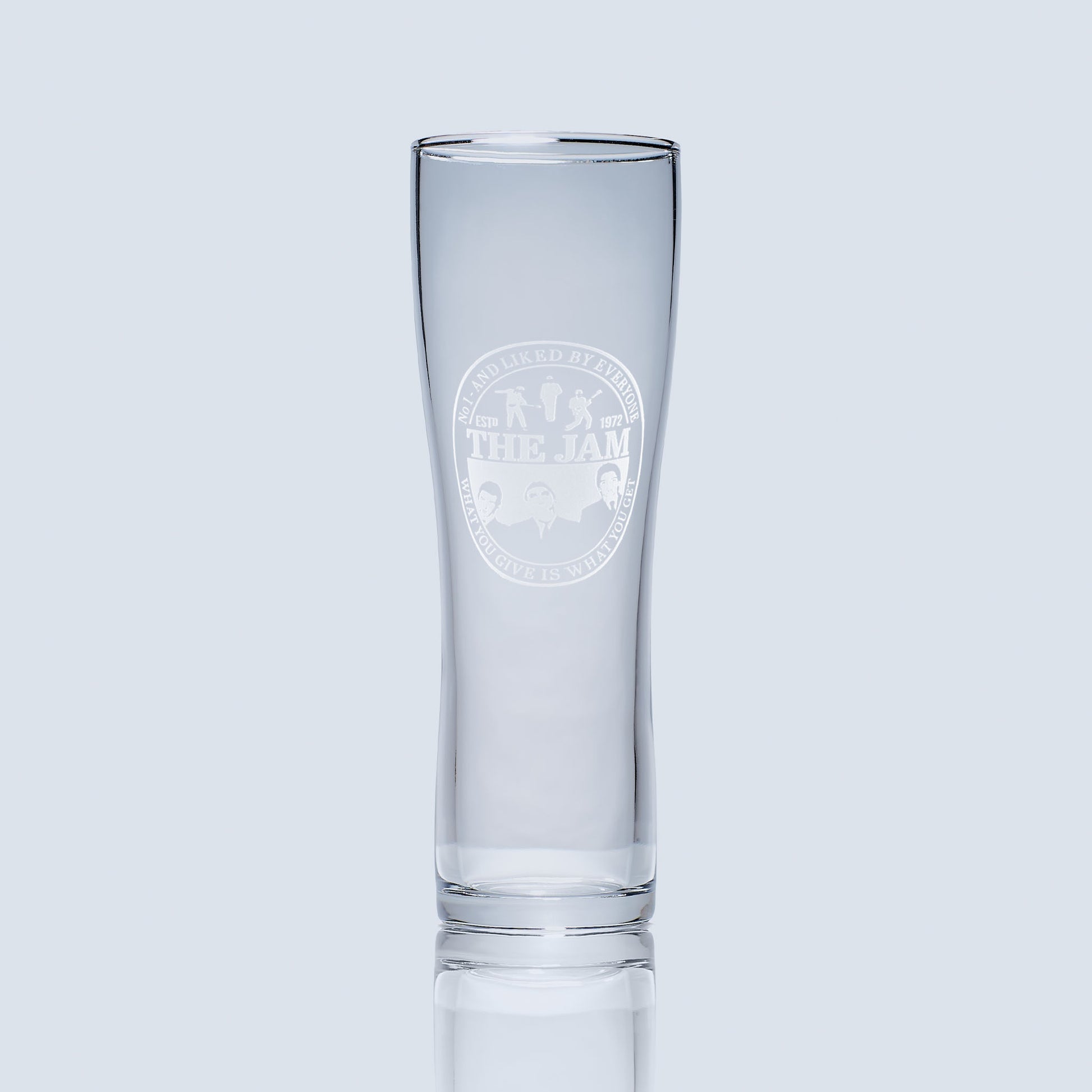 Pilsner pint glass engraved with Mod band The Jam