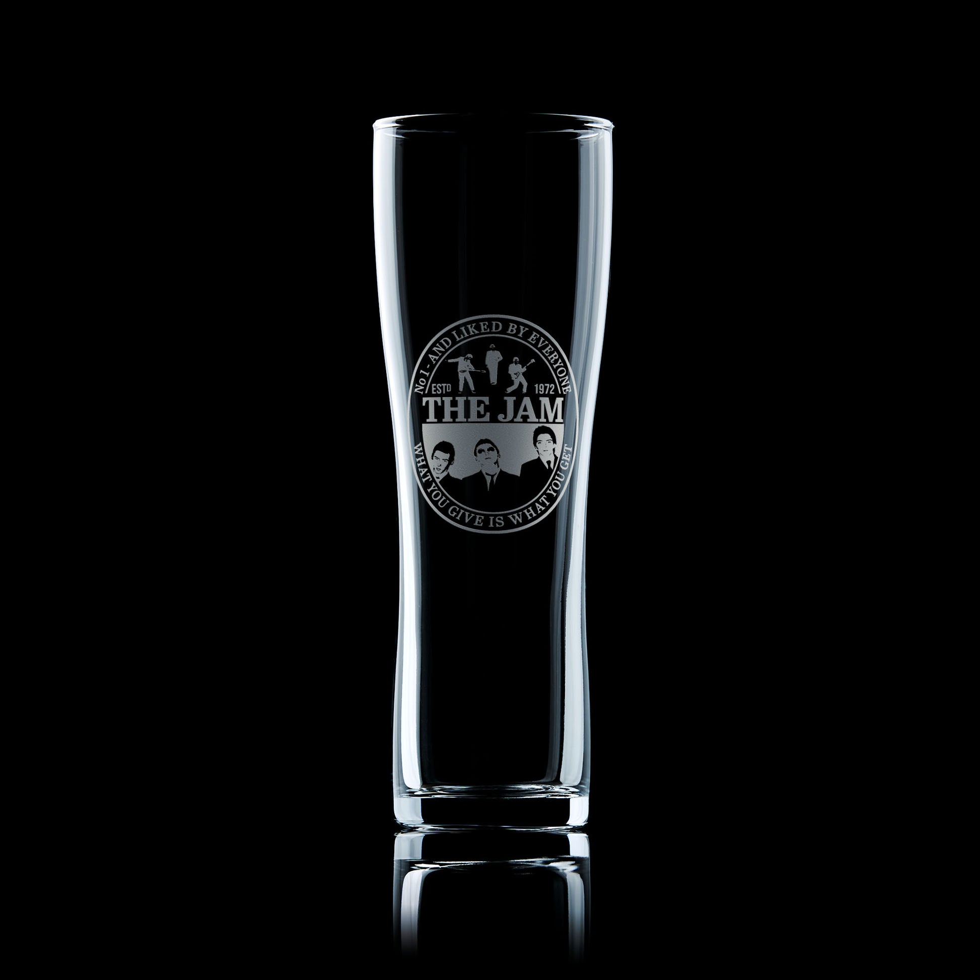Tall pint glass engraved with Mod band The Jam