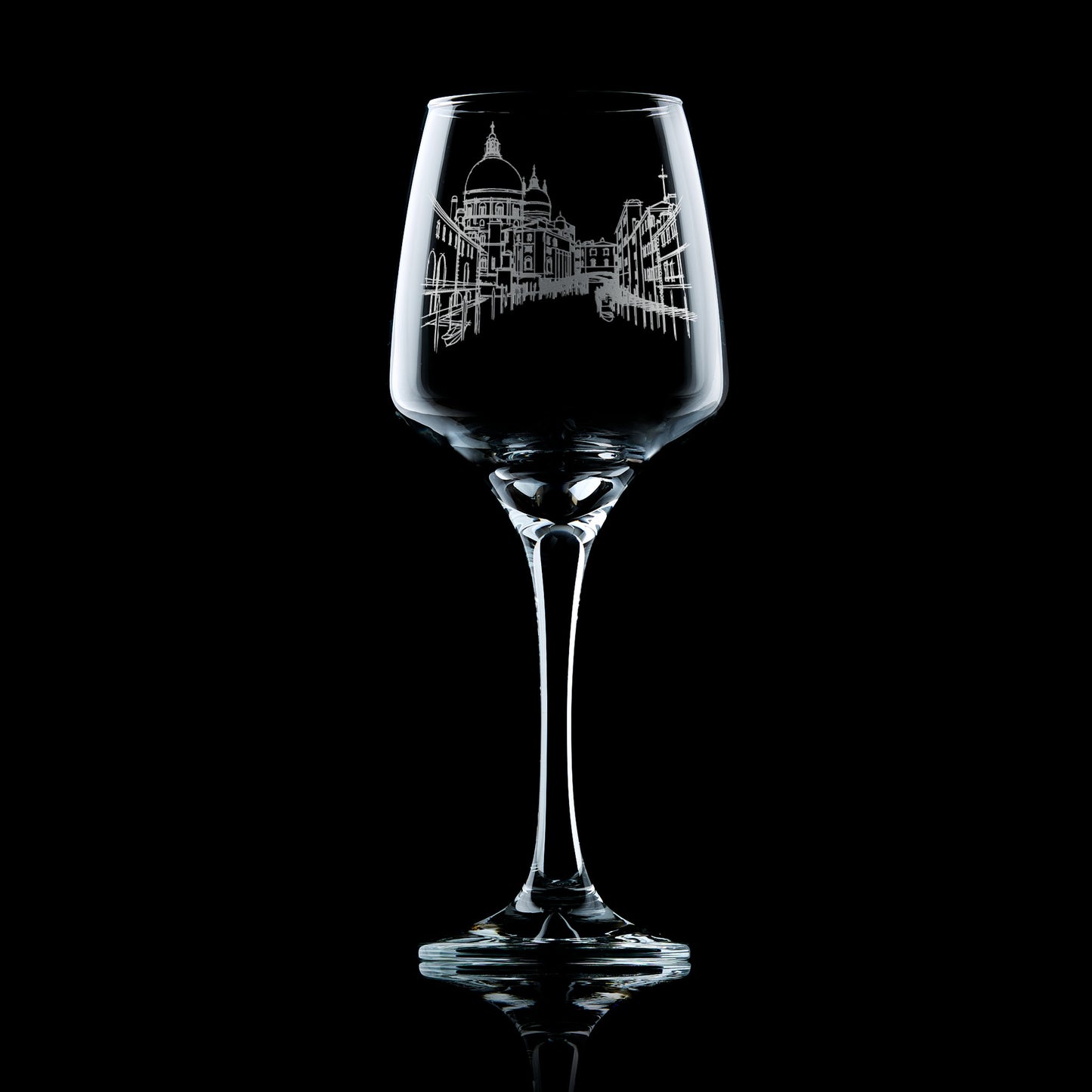 Engraved wine glass featuring the skyline of Venice with domes, canals, and bridges