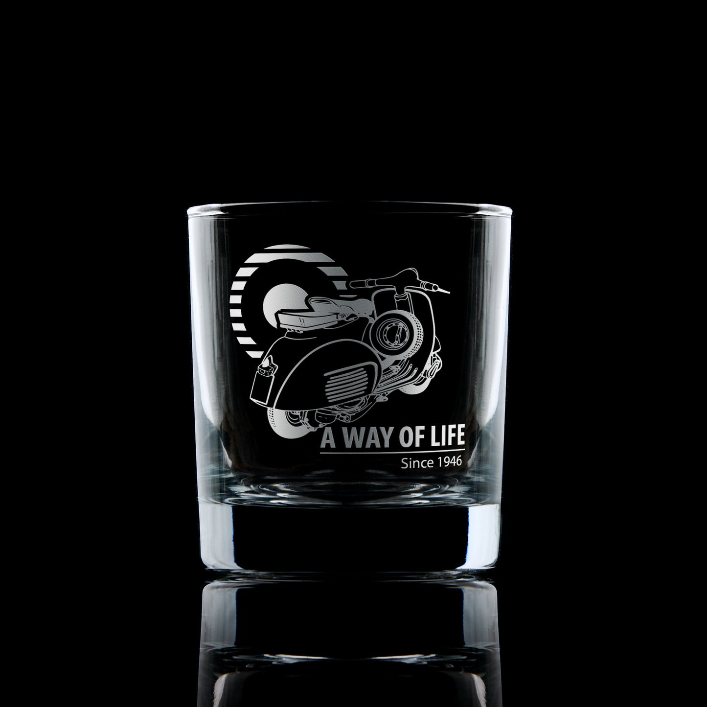 Vespa whisky glass engraved with a vintage GL scooter, mod target and "A Way Of Life" text