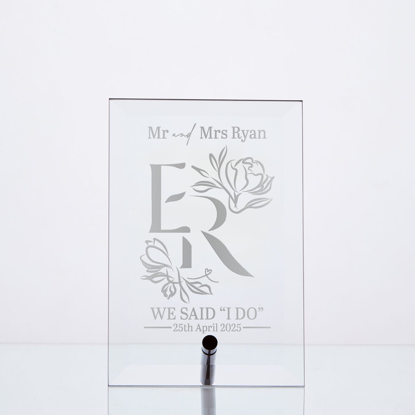 custom engraved bevelled display plaque with chrome pin featuring bride and grooms initials and wedding date