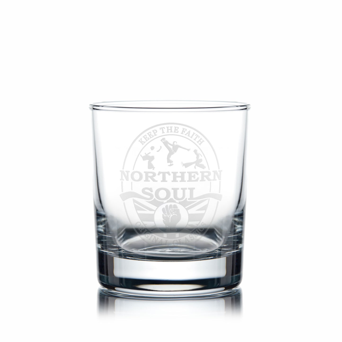 Northern Soul whisky glass engraved with dancers and clenched fist on a white background
