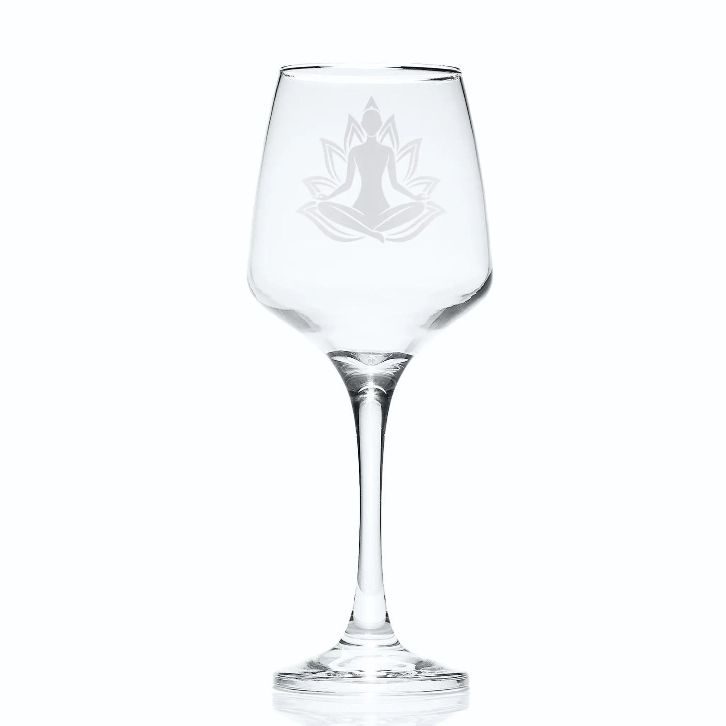 Engraved wine glass with Sukhasana yoga pose and lotus flower — male and female variations available