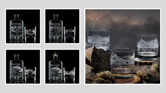 Ben Nevis, Scafell Pike, and Yr Wyddfa (Snowdon) engraved glassware collection
